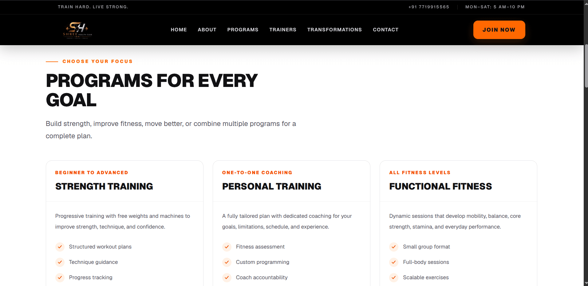 Shree Health Club website content screen